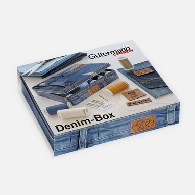 GÜTERMANN Denimgarn-Box mit Jeansnadeln & Kunstleder-Label