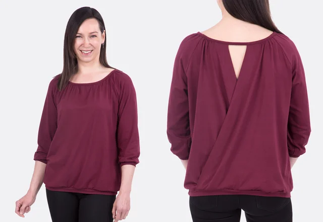 Schnittmuster Bluse mit Wickeloptik am Rücken und gerafftem Ausschnitt Schnittmuster Bluse mit Wickeloptik am Rücken und gerafftem Ausschnitt