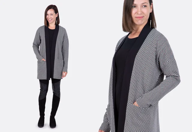 Schnittmuster Cardigan selber nähen Fischgrat-Stoff Schnittmuster Cardigan selber nähen Fischgrat-Stoff