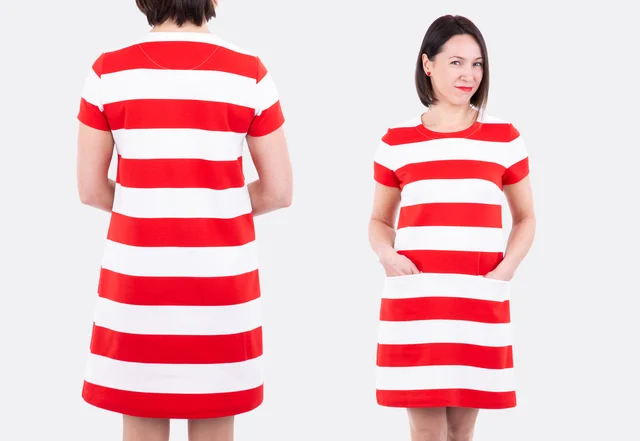 Schnittmuster A-Linienkleid aus Streifenstoff mit Eingriffstaschen nähen