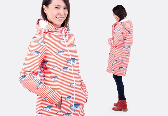 Schnittmuster Softshelljacke aus Streifenstoff mit Fischmotiv Regenjacke DIY