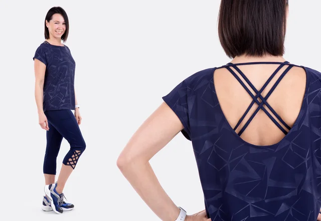 Schnittmuster Nähanleitung Sportset Straps Rückenausschnitt blau selbernähen