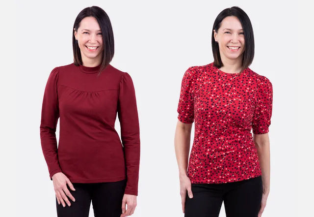 Schnittmuster Damenshirt aus Jersey mit Raffung Stehkragen oder Bündchen