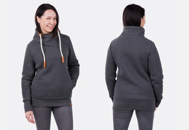 Schnittmuster mit Wickelkragen-Pullover aus Wintersweat Vorder-und Hinteransicht