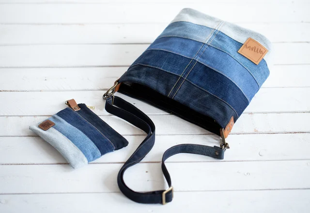 Tasche aus Jeanshose nähen mit Handmade Label und Nieten