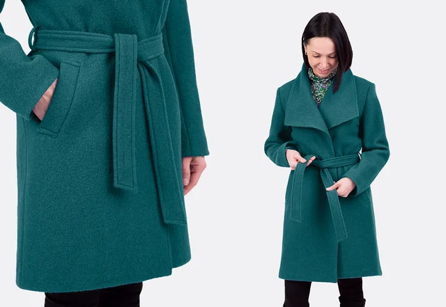 Mantel petrol Wollwalk mit Bindegürtel nähen