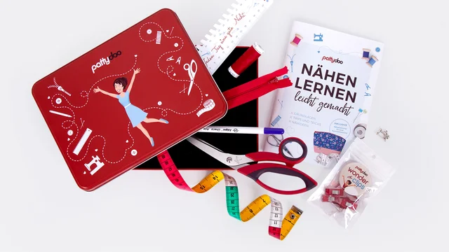 Nähbox Inhalt Schere Maßband Nähfibel Reißverschluss