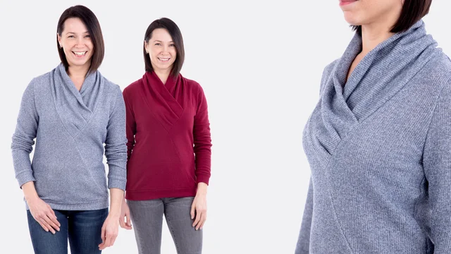 Videoanleitung Pullover Schalkragen Wickeloptik nähen