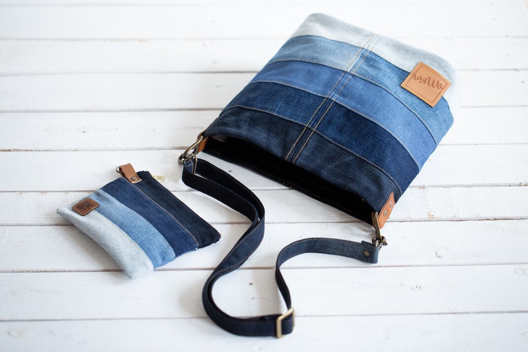 Tasche aus Jeanshose nähen mit Handmade Label und Nieten