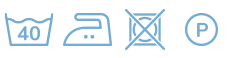Pflegesymbol 40 Grad, Bügeleisen 2, nicht trocknen, chemische Reinigung möglich