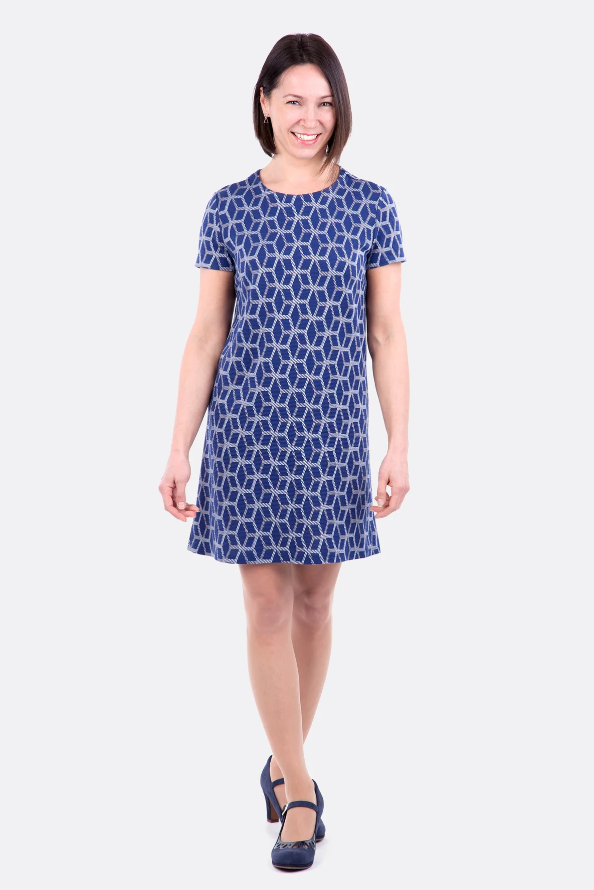 Schnittmuster A-Linien-Kleid Stretch Jacquard blau