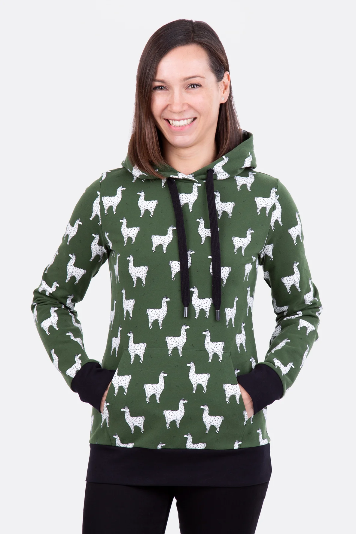 Schnittmuster Damen Hoodie Kängurutasche Sweat Lama Nähanleitung