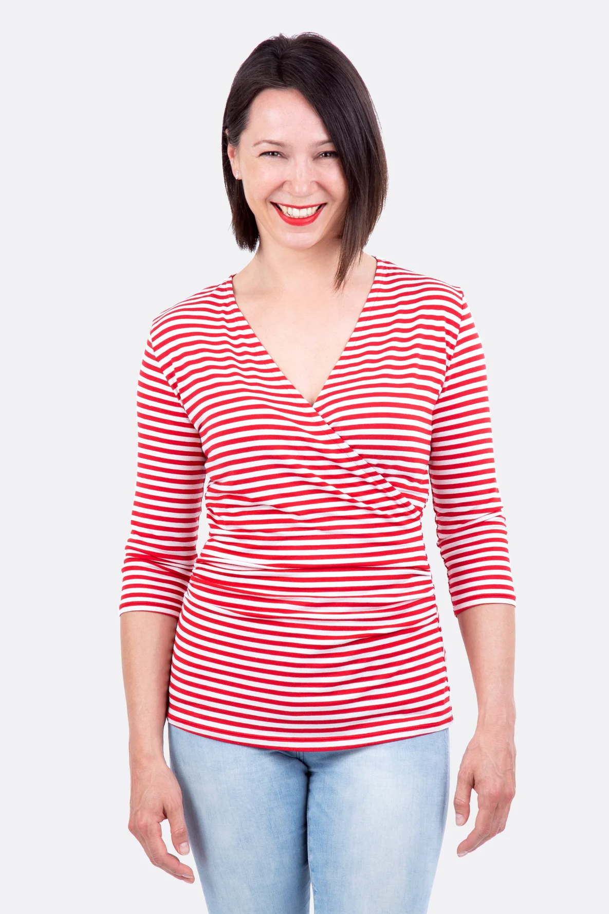 Nähanleitung Schnittmuster Damenshirt Wickeloptik gestreift