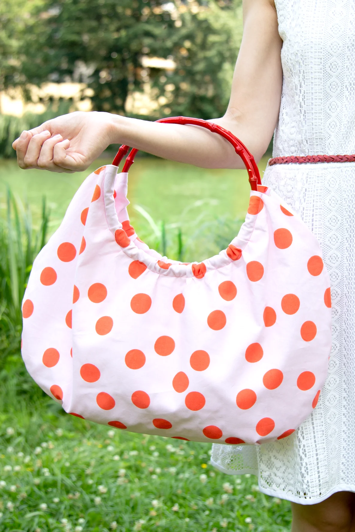 Schnittmuster Tasche Bambushenkel Baumwollstoff Punkte