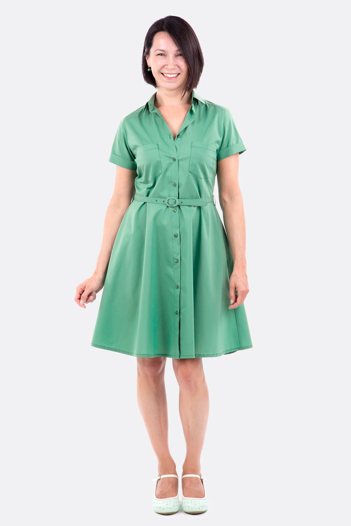 Schnittmuster Blusenkleid Gürtel grün Baumwollstoff