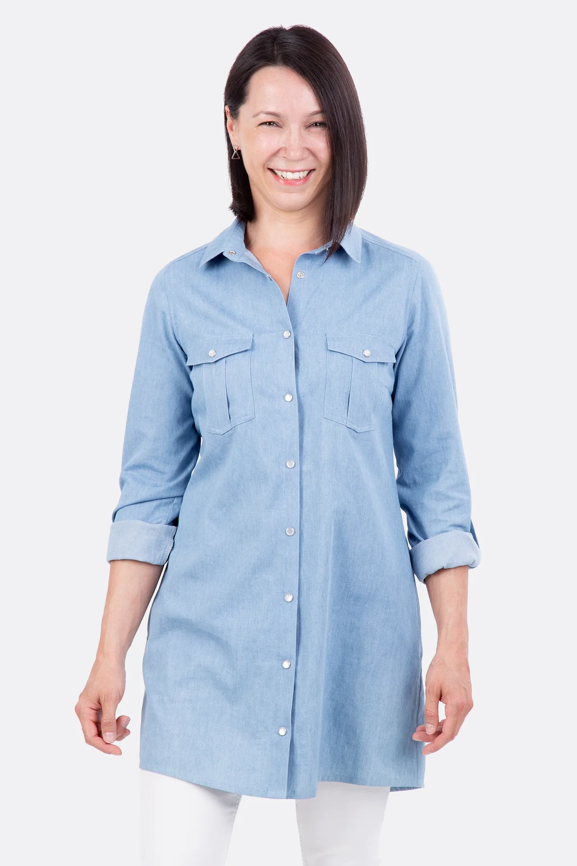 Schnittmuster Jeanshemd lang Knopfleiste Kragen nähen