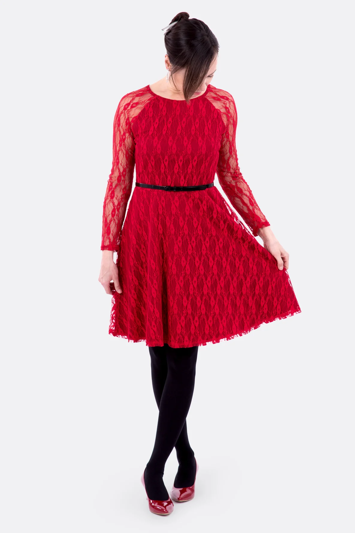 Schnittmuster Jerseykleid Spitze Raglanaermel Spitze festlich rot