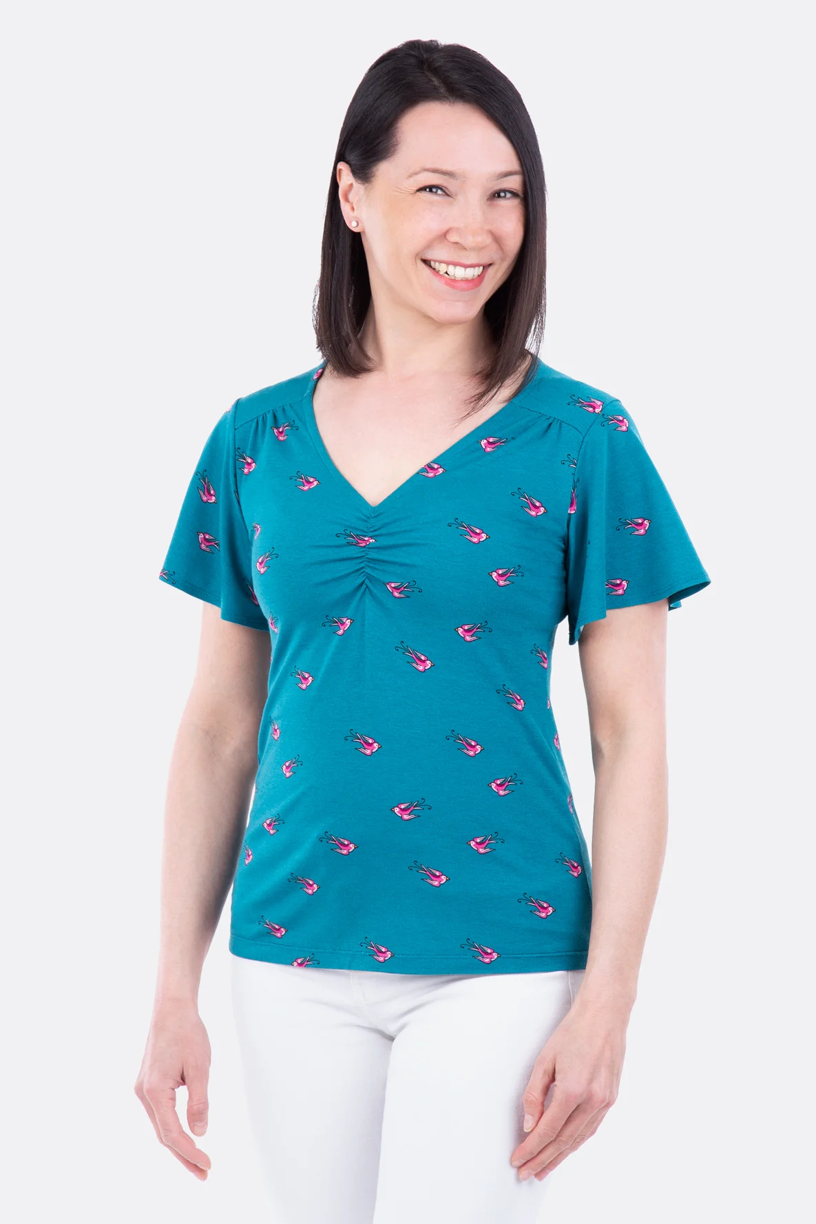 Schnittmuster Jerseyshirt mit Flügelärmeln V-Ausschnitt Raffung nähen