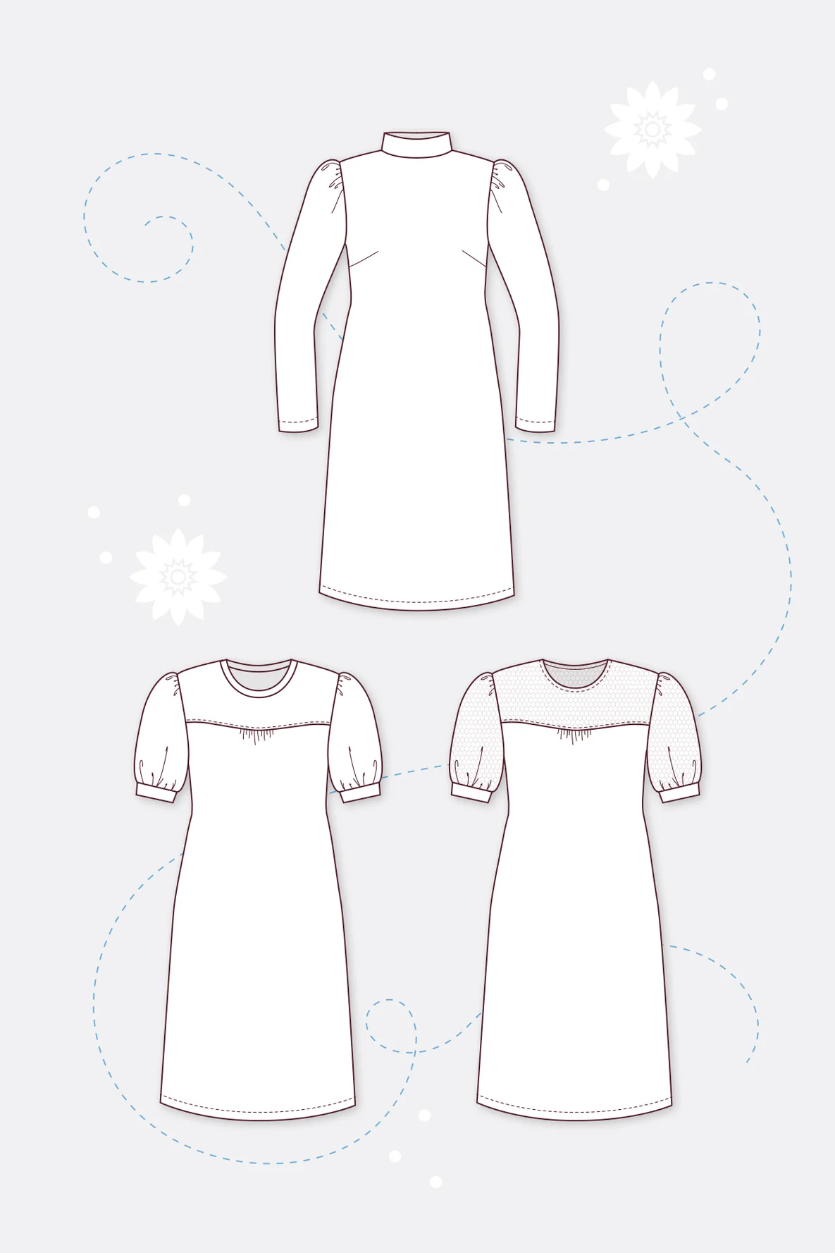 Schnittmuster Damenkleid Puffärmel Sethkragen Passe gerafft