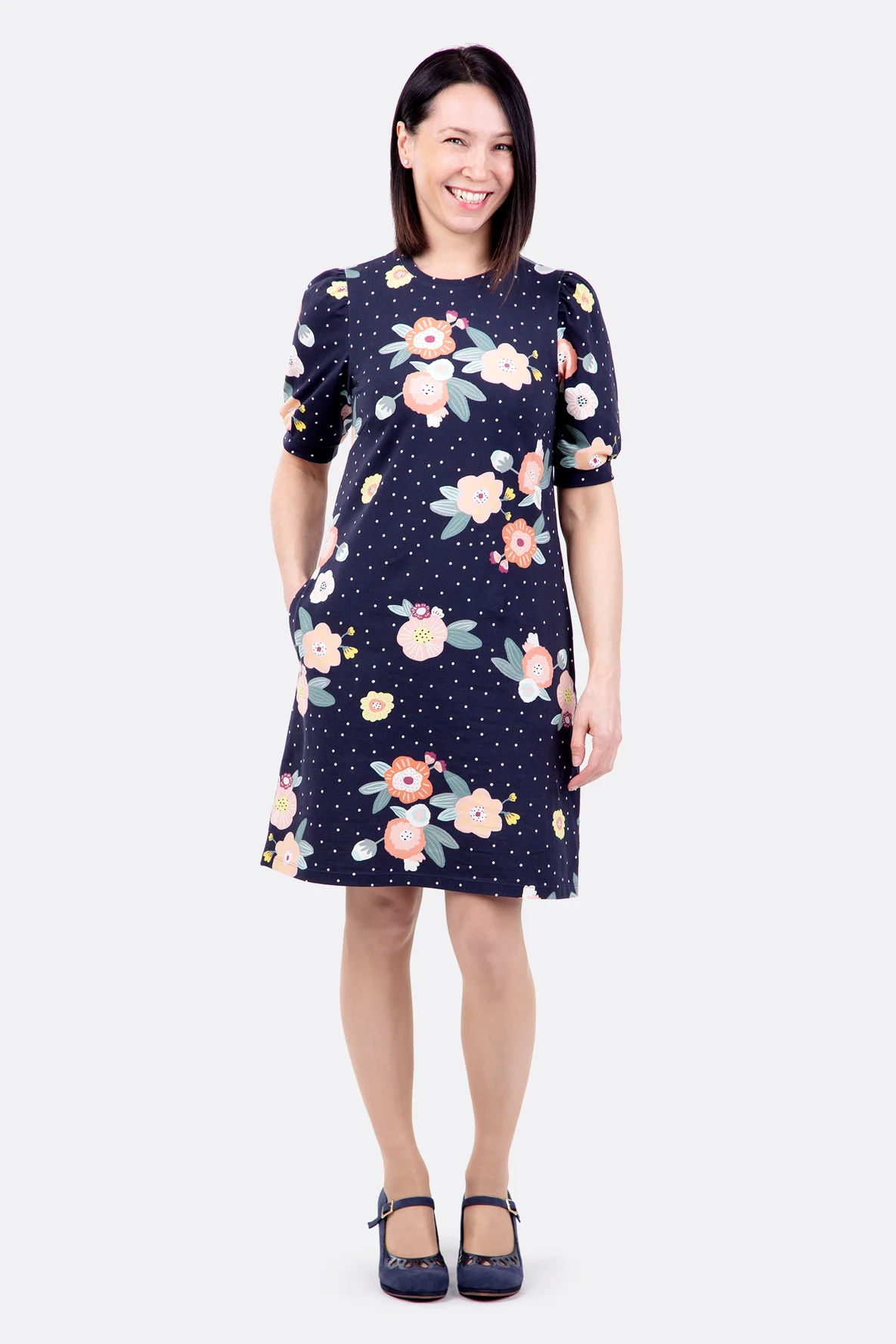 Schnittmuster Jerseykleid A-Linie mit Puffärmel Nahttaschen selber nähen