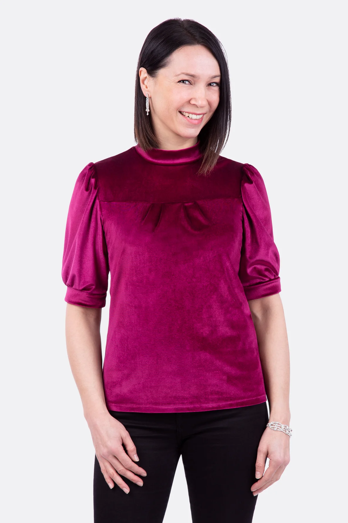 Schnittmuster Shirt aus Samt mit Stehkragen und Puffärmel selbernähen