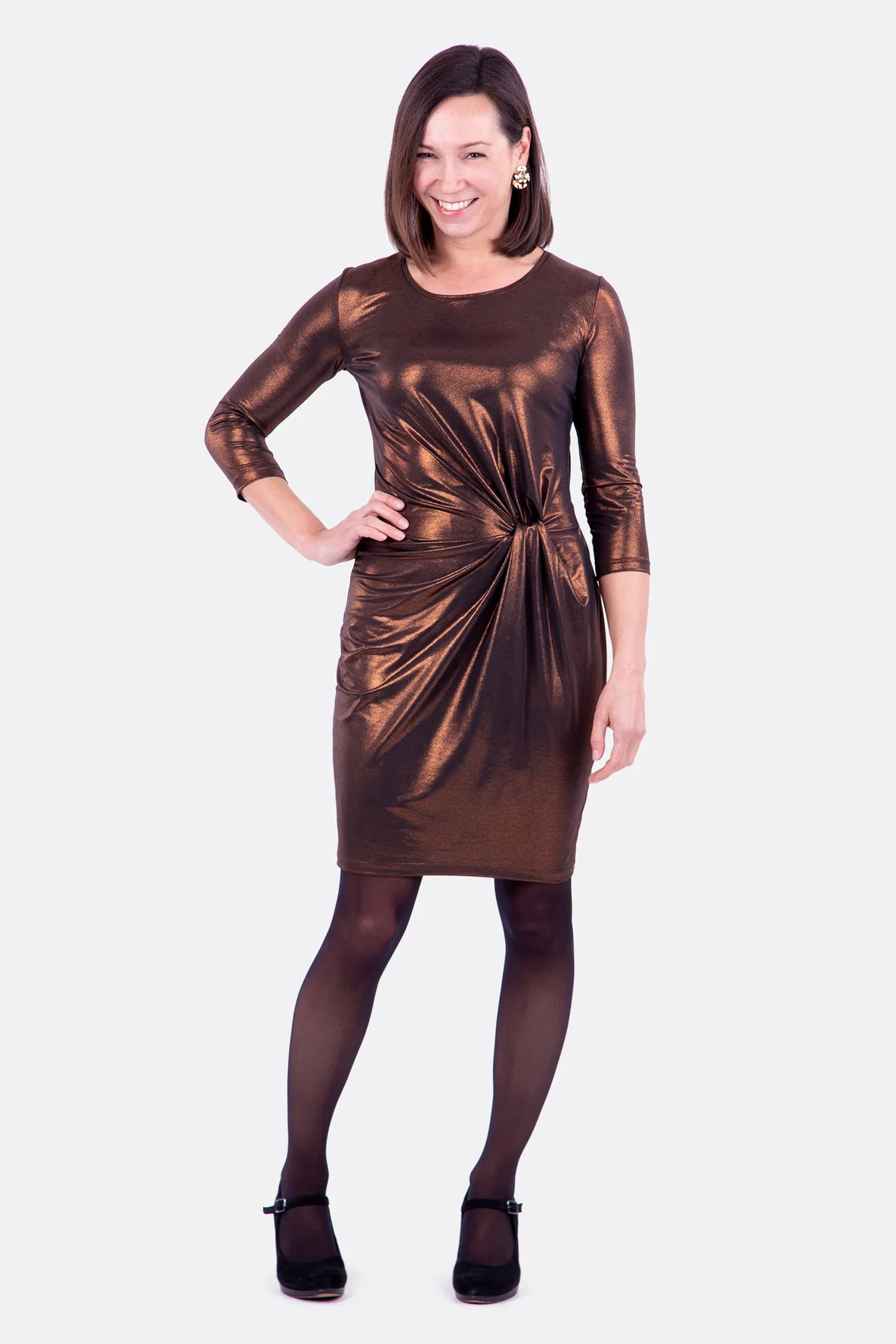 Schnittmuster Damen Knotenkleid Weihnachtsoutfit Festkleid Kupfer