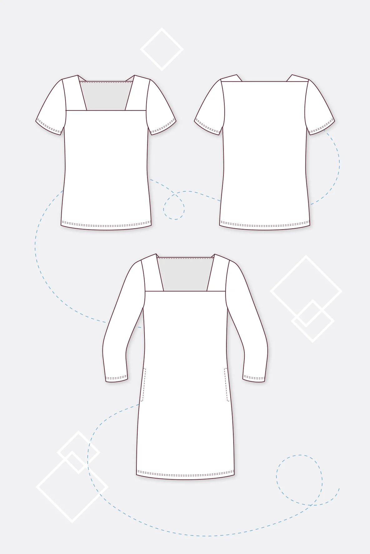 Schnittmuster Damenshirt und Kleid mit Karree Ausschnitt nähen