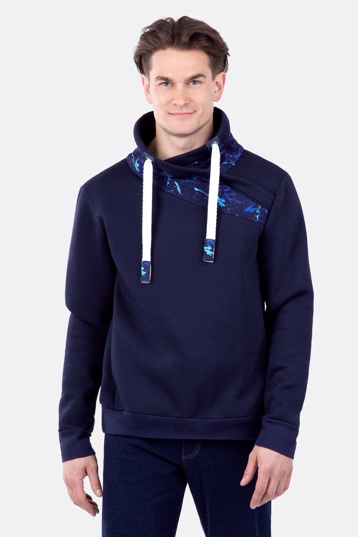 Schnittmuster Herren sweatshirt mit Wickelkragen dunkelblau nähen