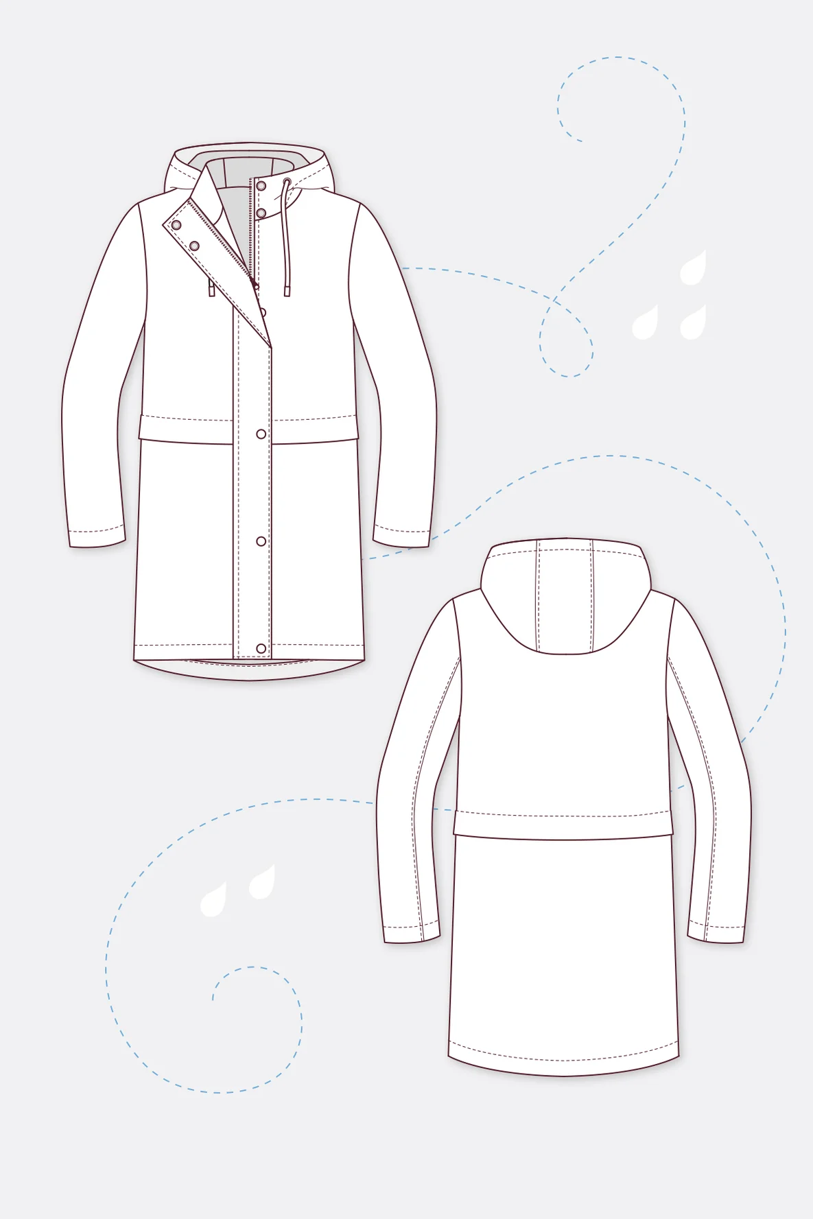 Schnittmuster Lola Regenmantel Parka mit Kapuze Knopfleiste Blende und Reißverschluss
