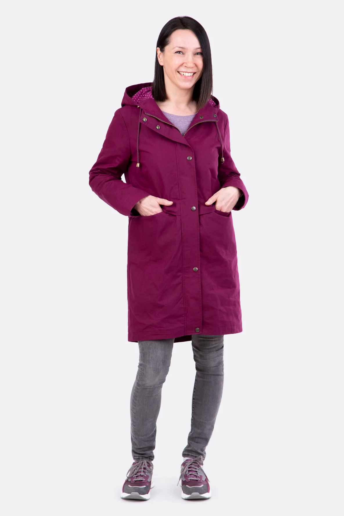 Schnittmuster Oilskin Parka Übergang aubergine selber nähen