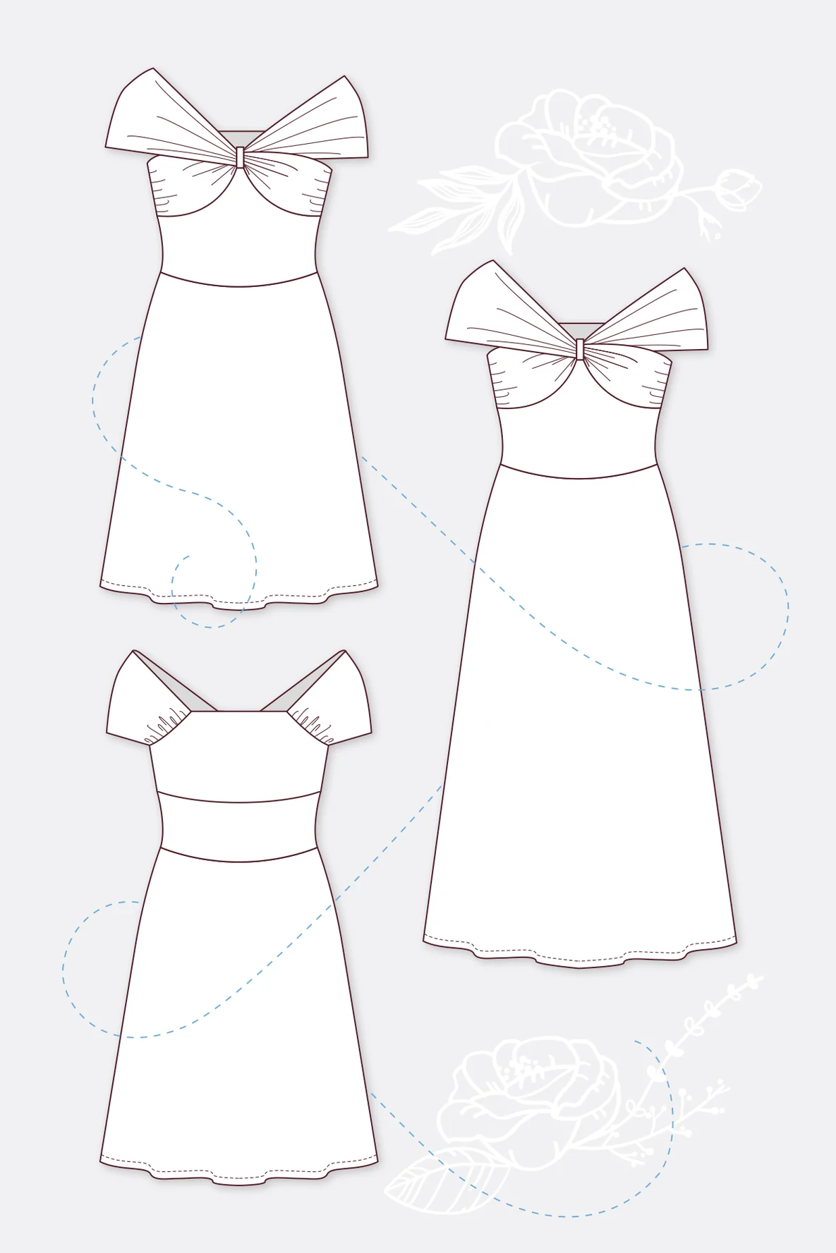 Schnittmuster Damenkleid Aurora mit Carmenausschnitt und Maxirock-Variante