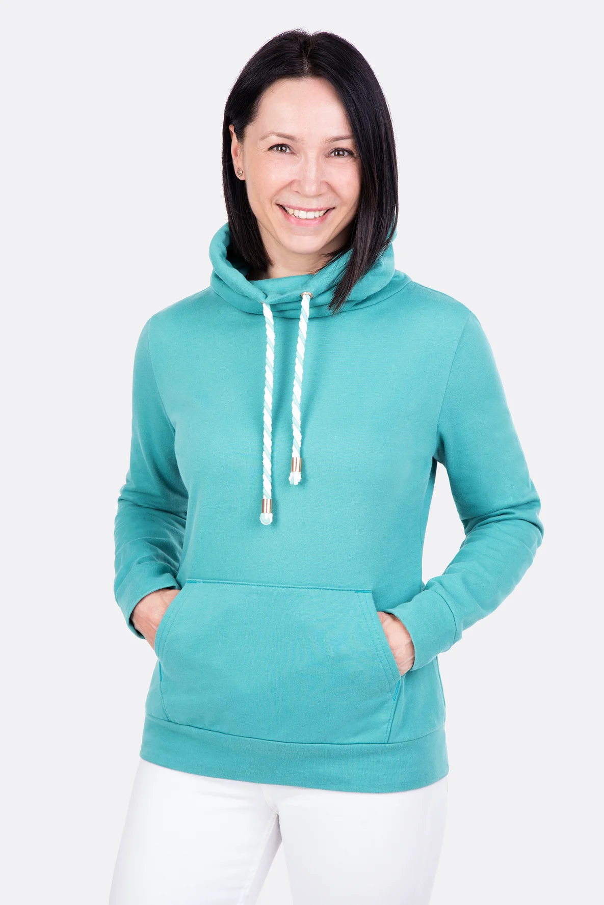 Schnittmuster Damen Hoodie uni Kängurutasche türkis nähen