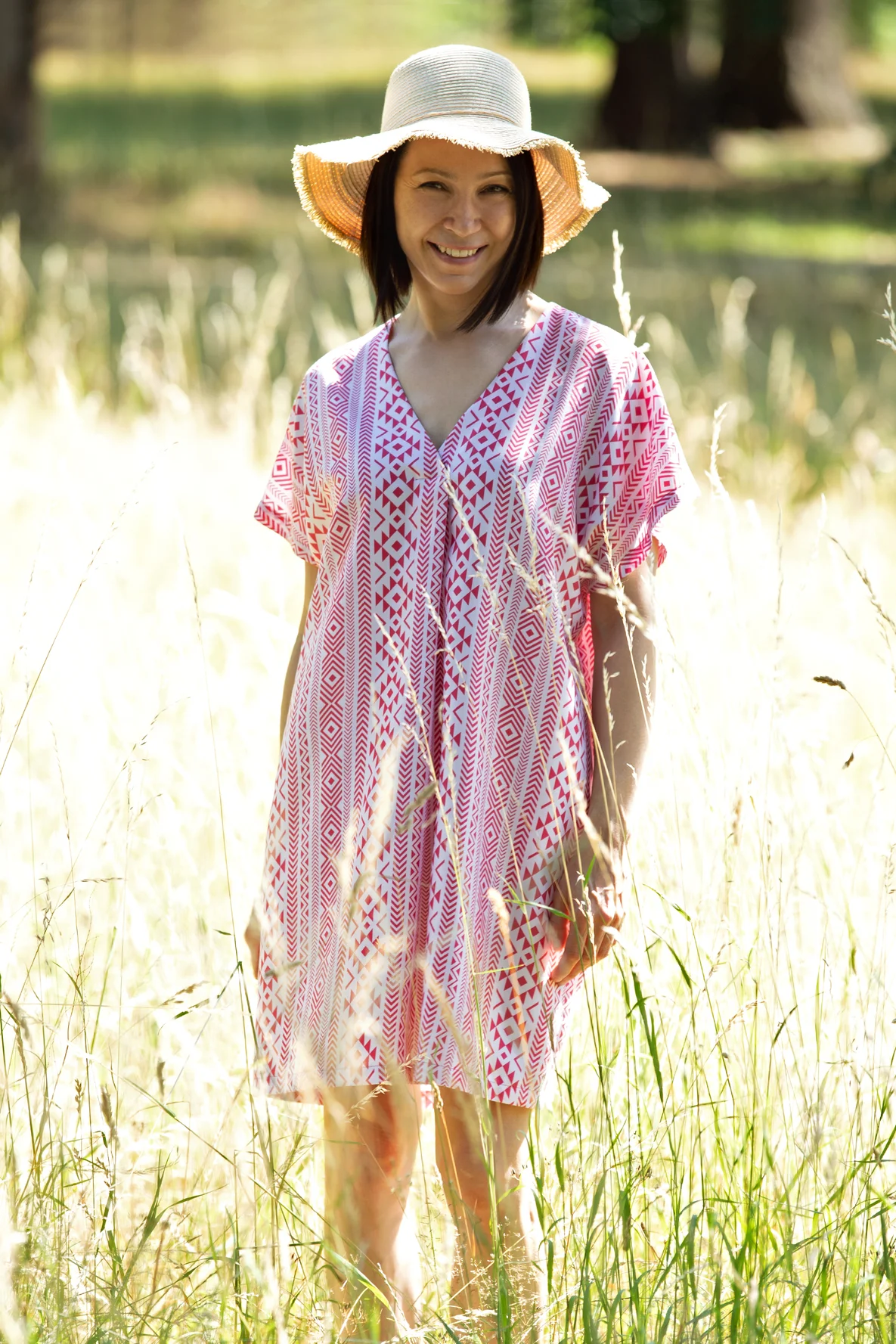 Schnittmuster Kaftankleid Ethno Muster Boho Vibes Tencel Stoff 