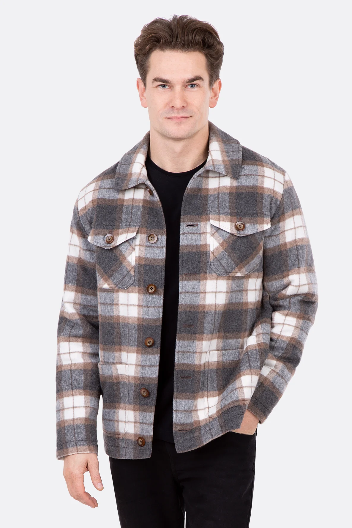 Schnittmuster für Herren Hemdjacke mit Taschen und Kragen aus Karostoff