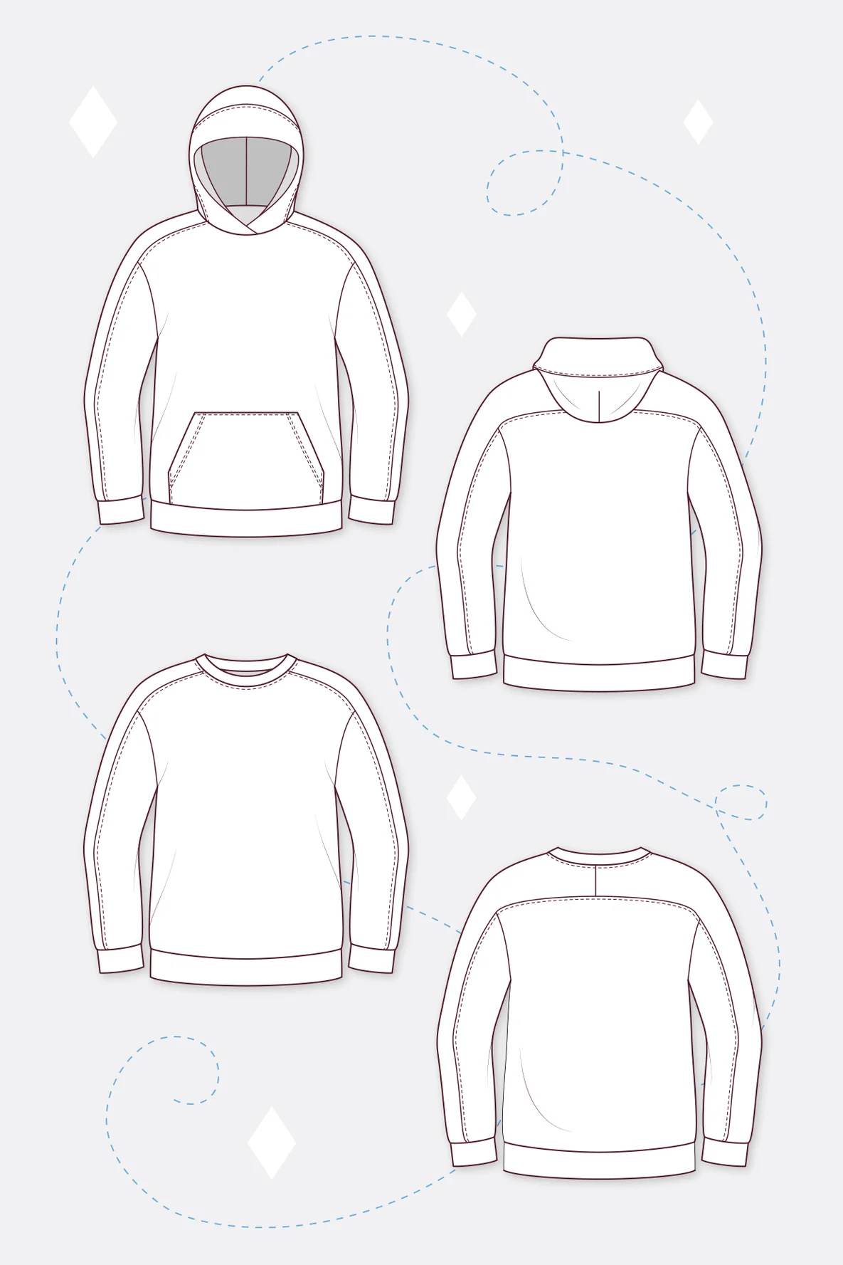 Schnittmuster Lauryn für Hoodie Sweatshirt mit Teilung Zeichnung