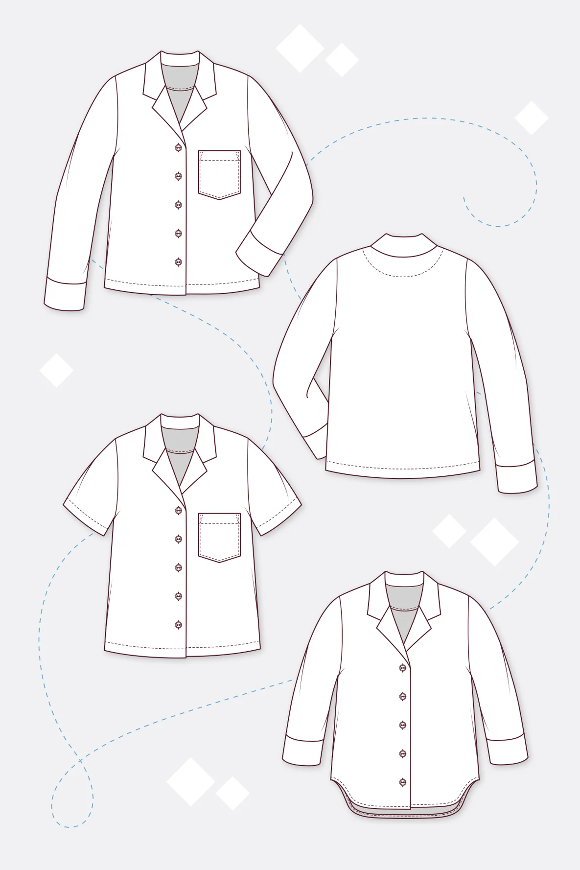 Schnittmuster Hemdbluse Reverskragen nähen technische Zeichnung