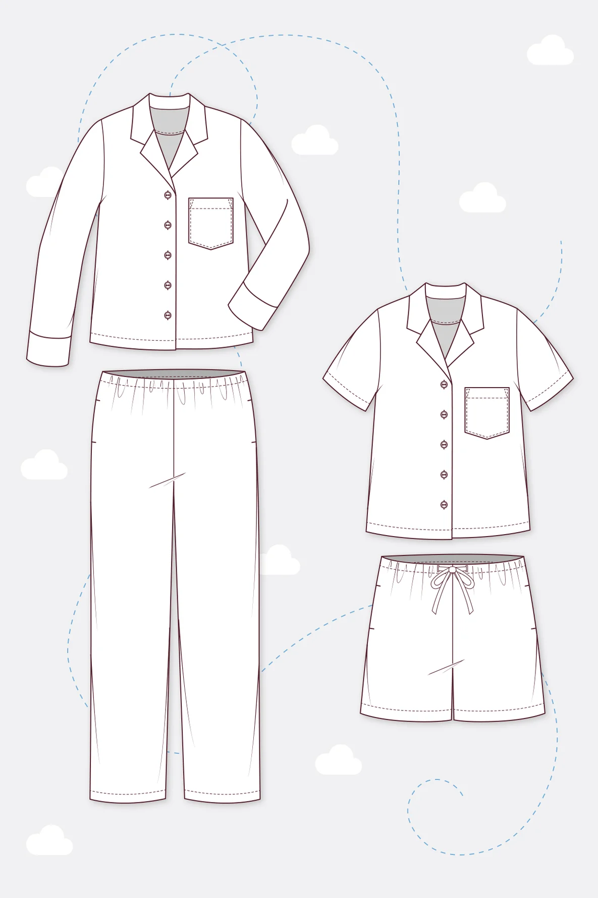 Schnittmuster Pyjama Schlafanzug Webware nähen technische Zeichnung