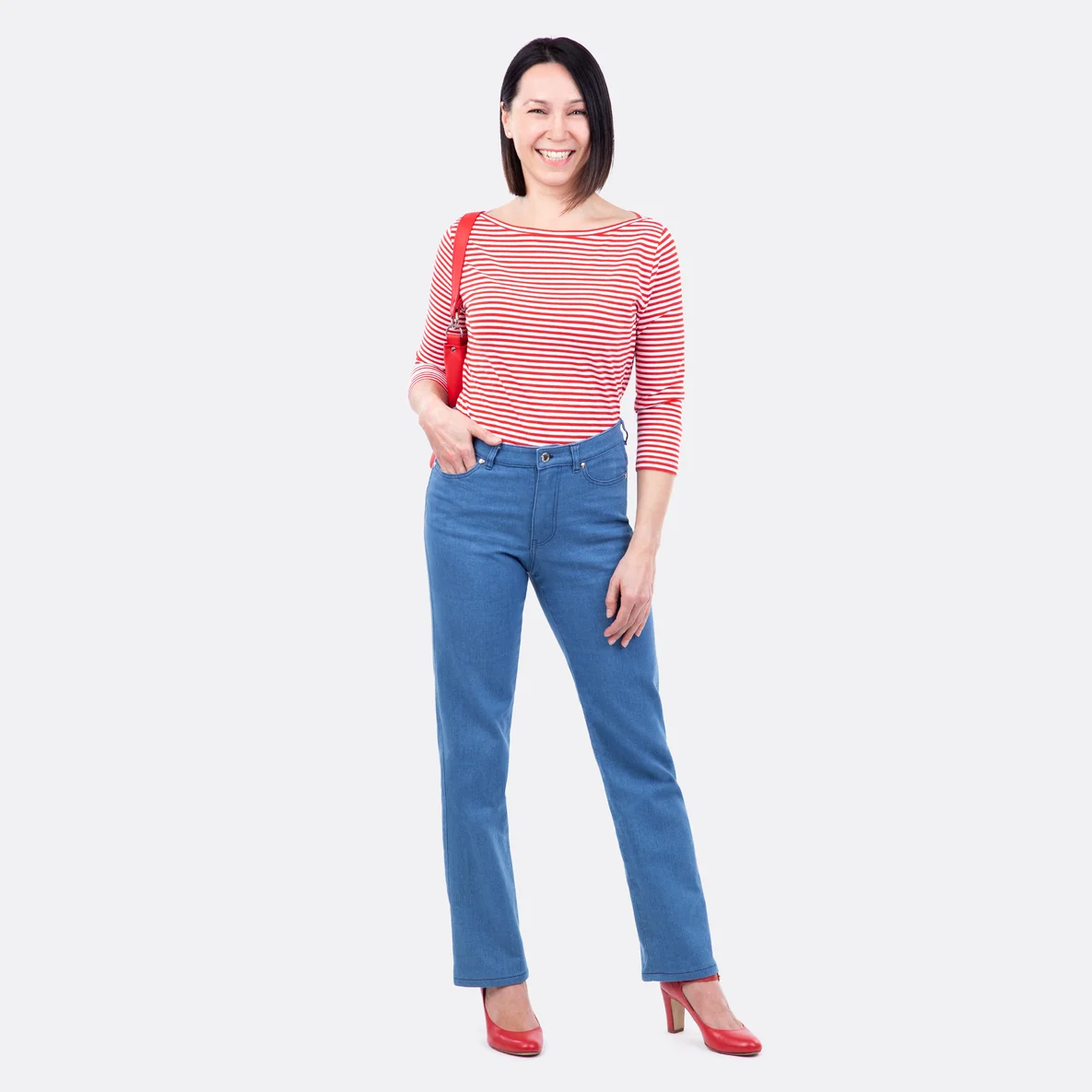 Jeanshose selber nähen High Waist Straight Stretch hellblau meliert