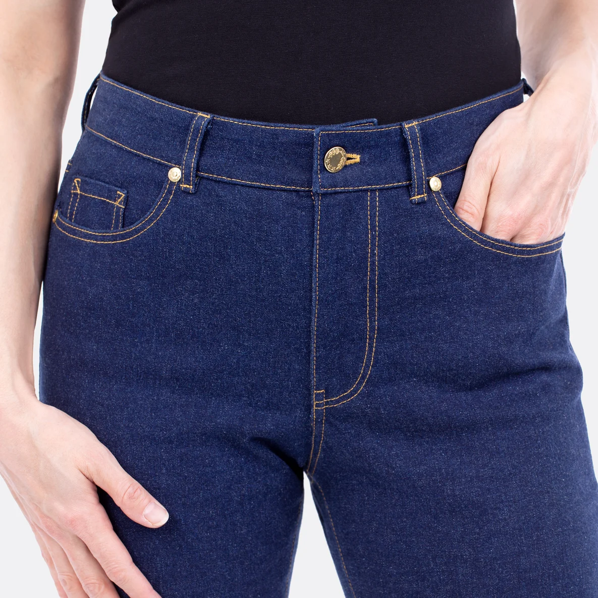 Nähanleitung High Waist Jeans Taschen Münzfach Schlitz navy DIY