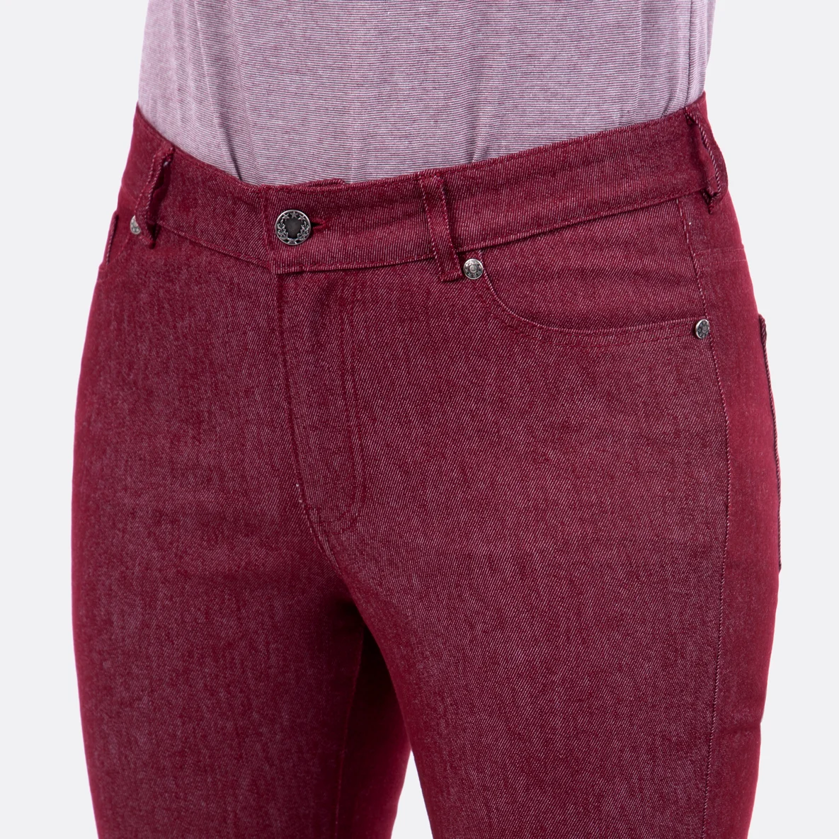 Nähanleitung Jeans Passform Taschen Schlitz Denim dunkelrot DIY