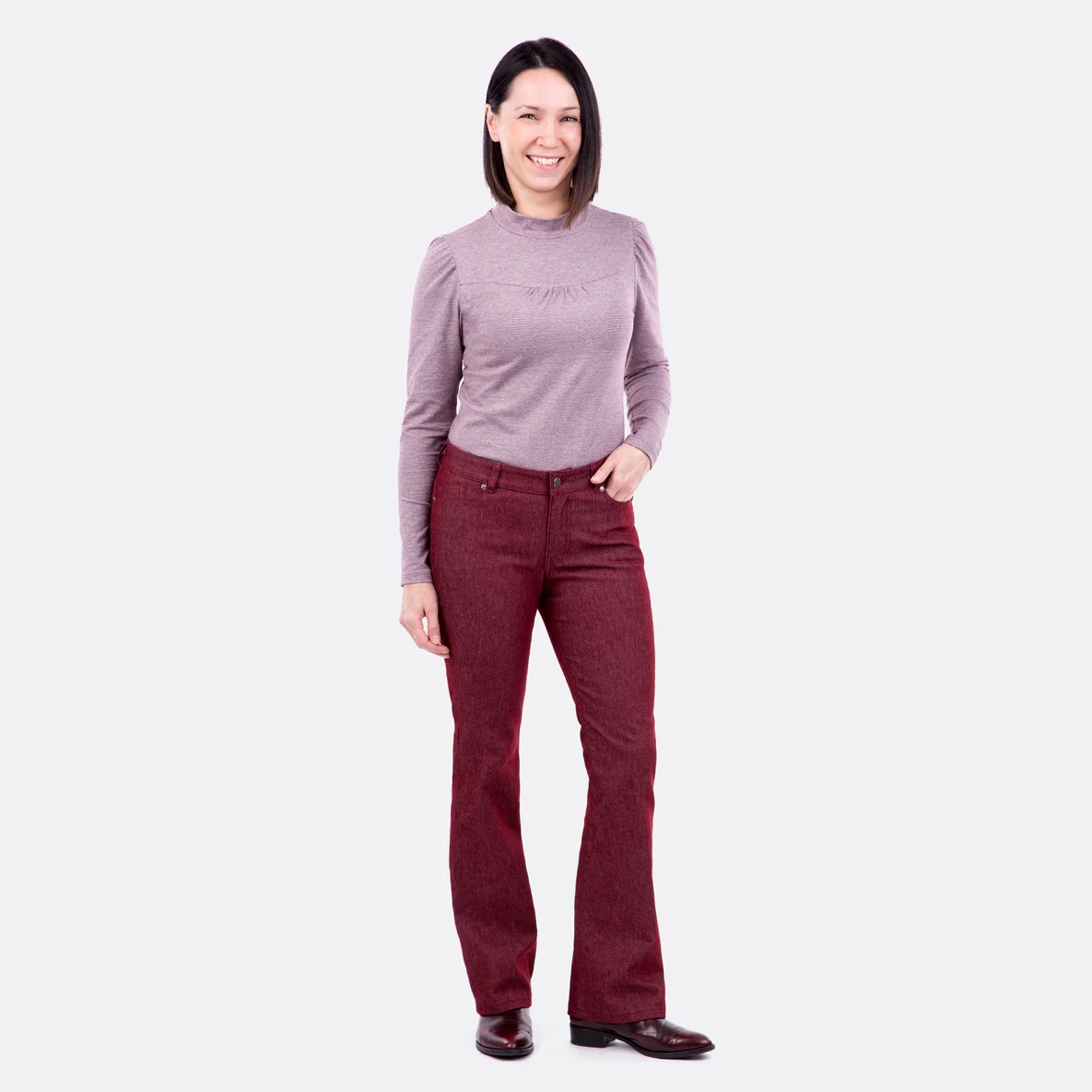Schnittmuster Bootcut Jeans Stretch Denim dunkelrot meliert nähen