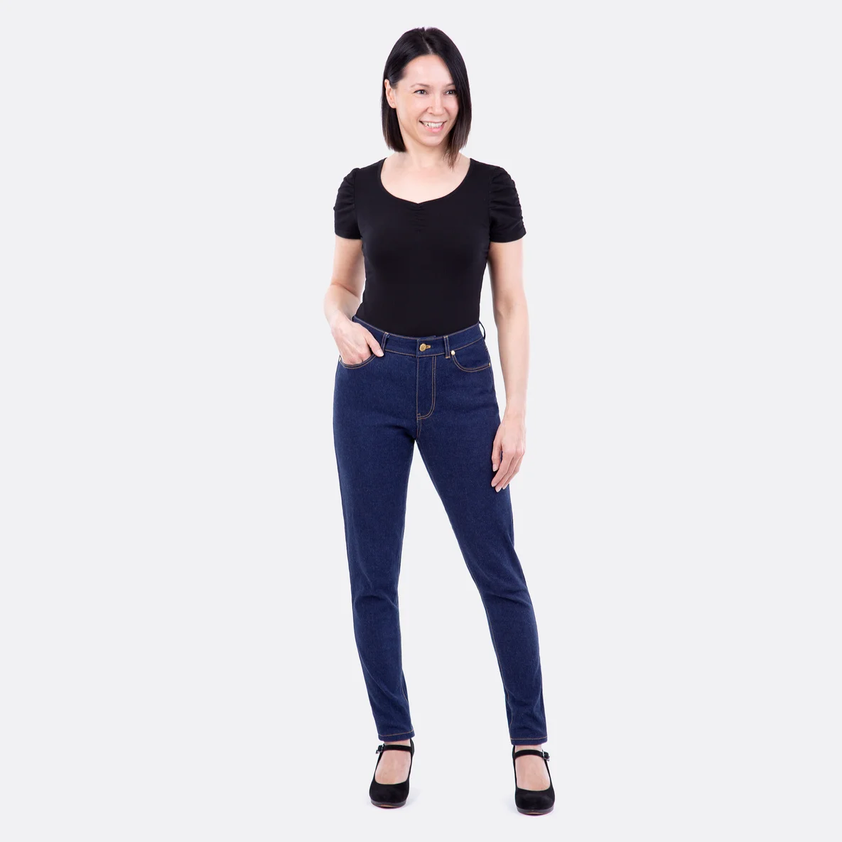 Schnittmuster Jeanshose High Waist Slim Stretch-Denim navy-meliert nähen