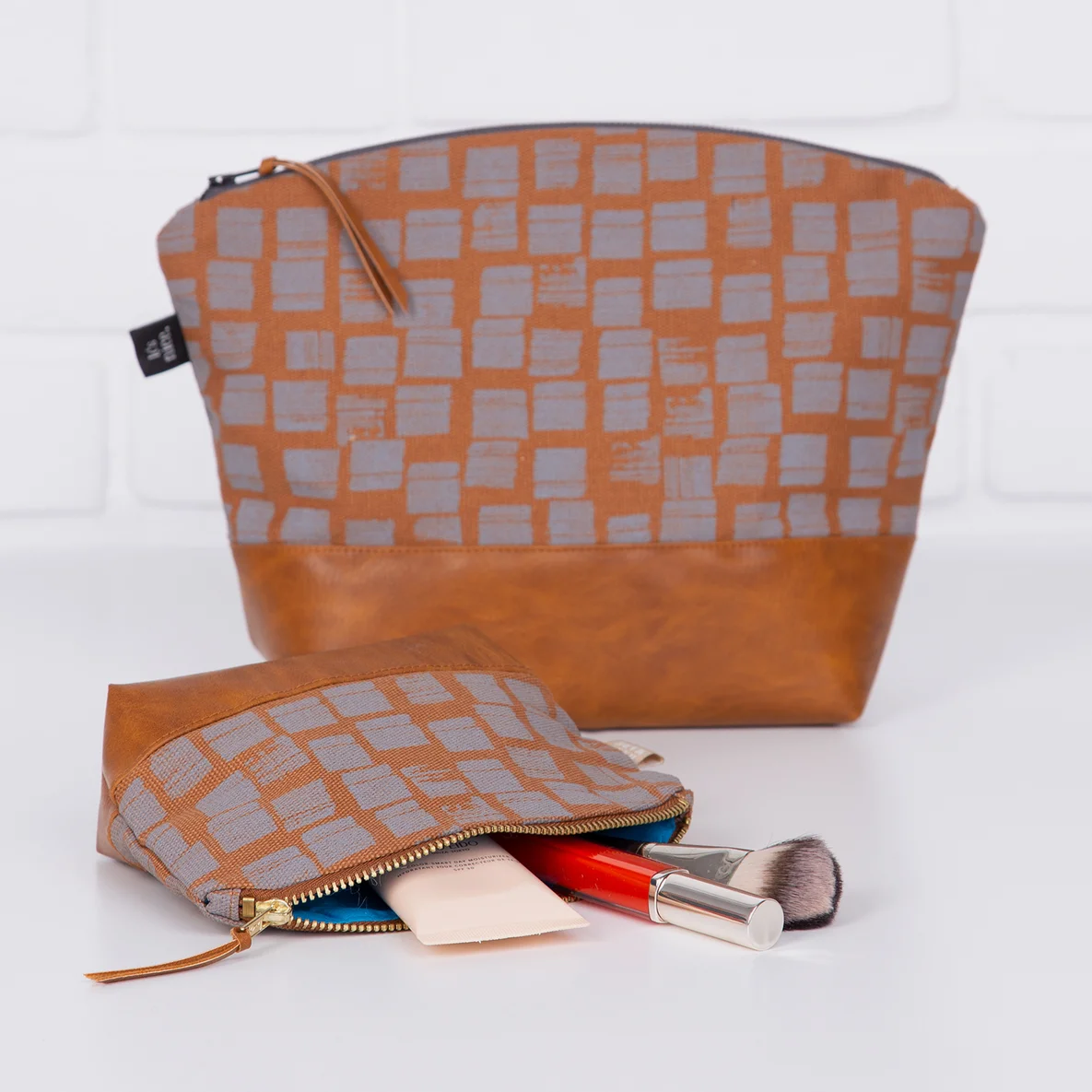 Kosmetiktasche aus Kunstleder Vintage Hellbraun