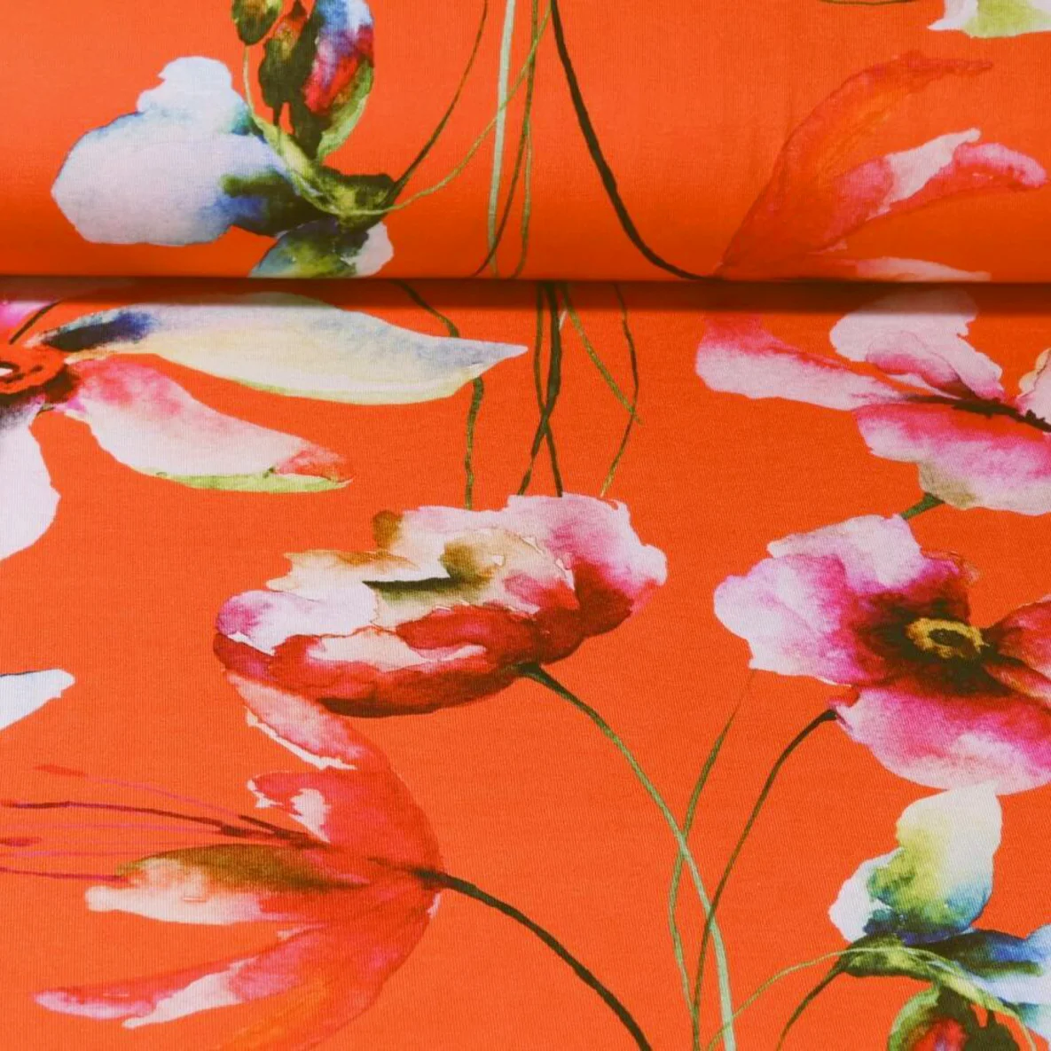 Viskosejersey Digitaldruck Aquarellblumen Orange