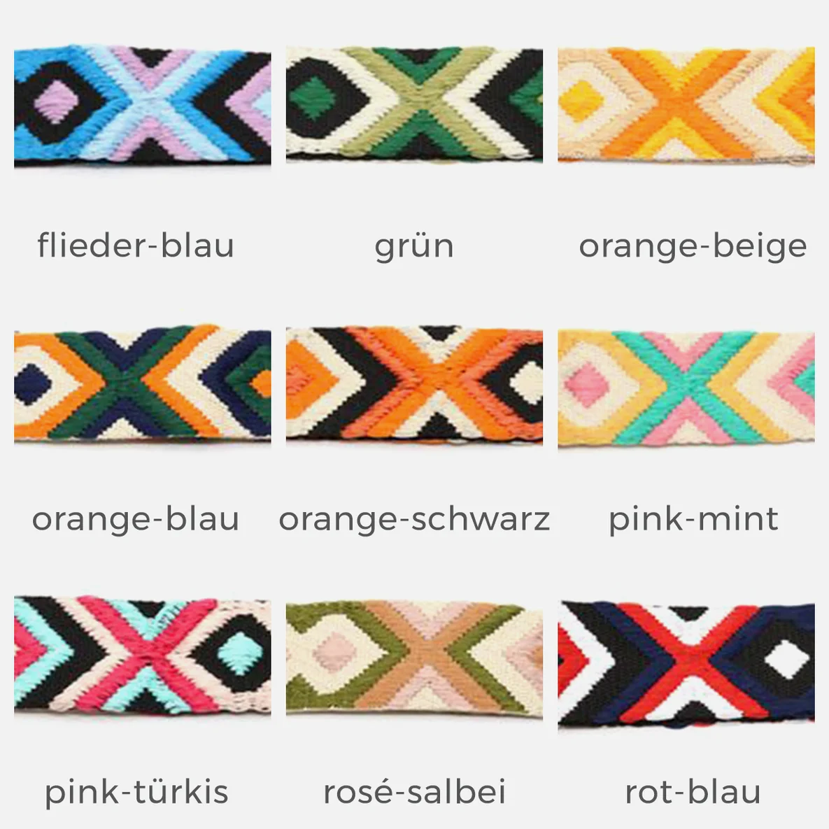 Gurtband Boho 48mm, Meterware, Flieder-Blau, Grün, Orange-Beige, Orange-Blau, Orange-Schwarz, Pink-Mint, Pink-Türkis, Rosé-Salbei, Rot-Blau