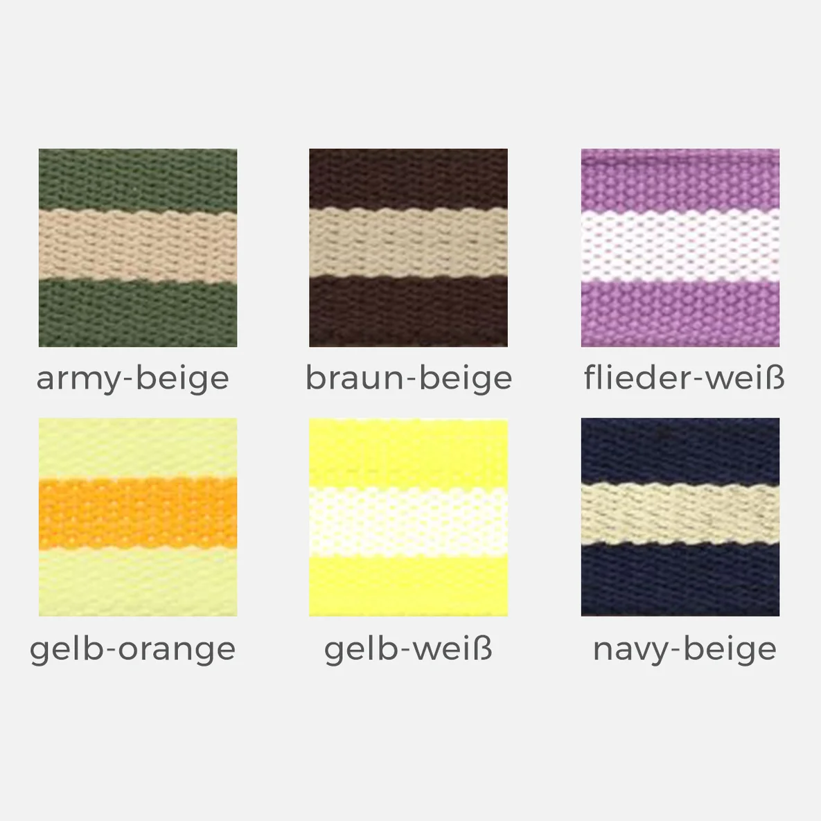 Gurtband 38 mm Colorblock, Streifen, Meterware, Army-Beige, Braun-Beige, Flieder-Weiß, Gelb-Orange, Gelb-Weiß, Navy-Beige 