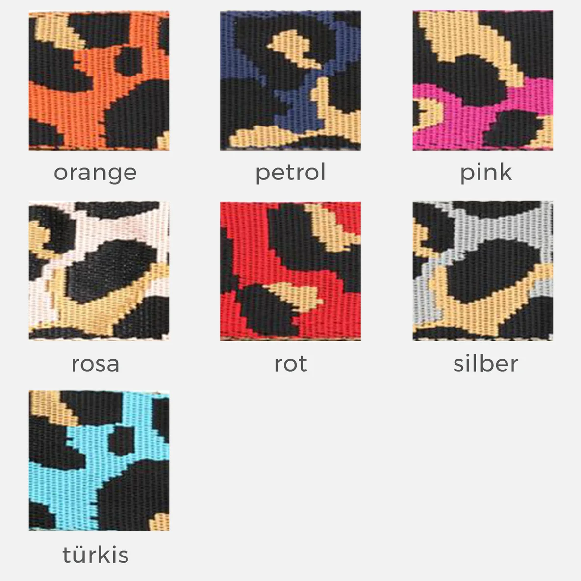 Gurtband Leo 38mm, Meterware, Orange, Petrol, Pink, Rosa, Rot, Silber, Türkis