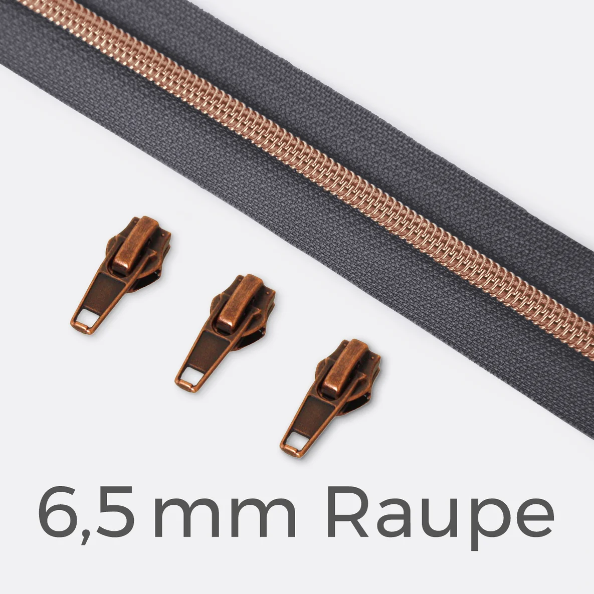 Kupfer Reißverschluss metallisiert 6,5mm Dunkelgrau D306 1m lang