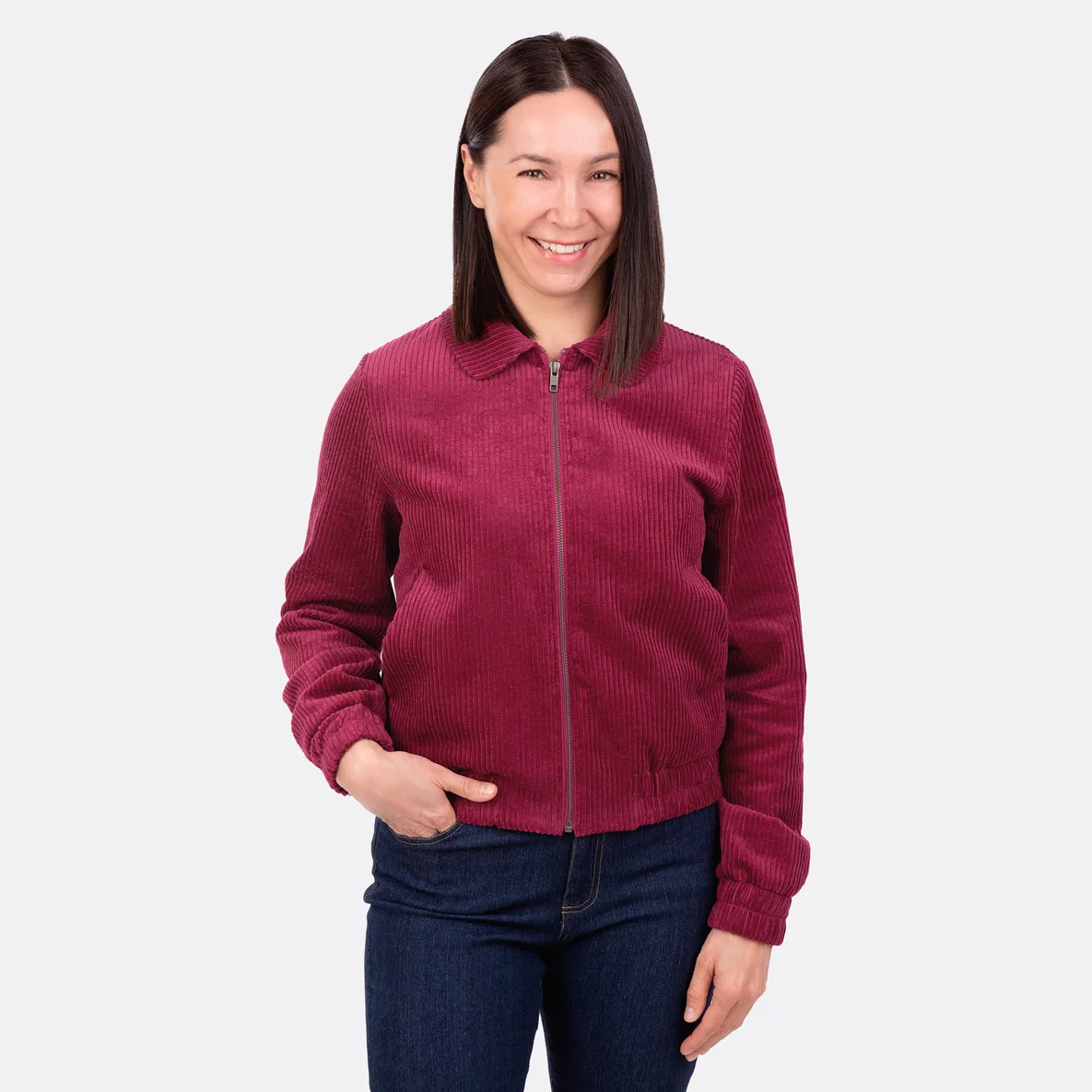 Schnittmuster Blouson aus Cordstoff weinrot nähen
