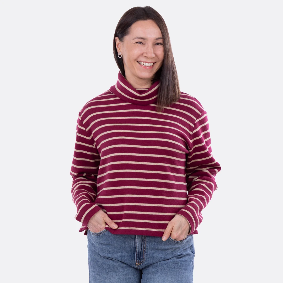 Jacquard Strickjersey Streifen Bordeaux Beige, Schnittmuster "Mimi"